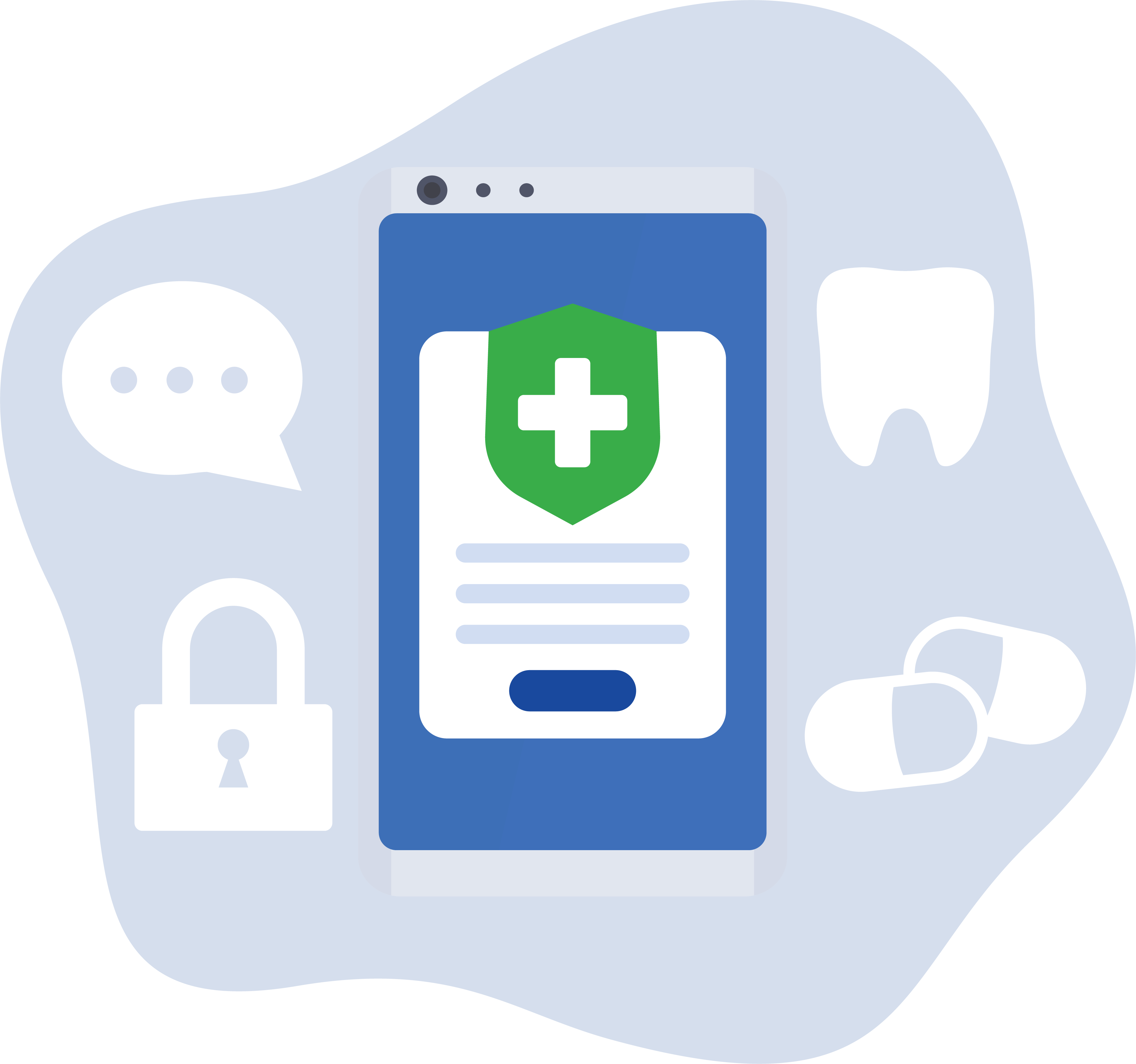 Image of a phone with a card representing an insurance plan. The phone is sitting in a bubble that contains white images of a tooth, medications, a lock, and a chat bubble.