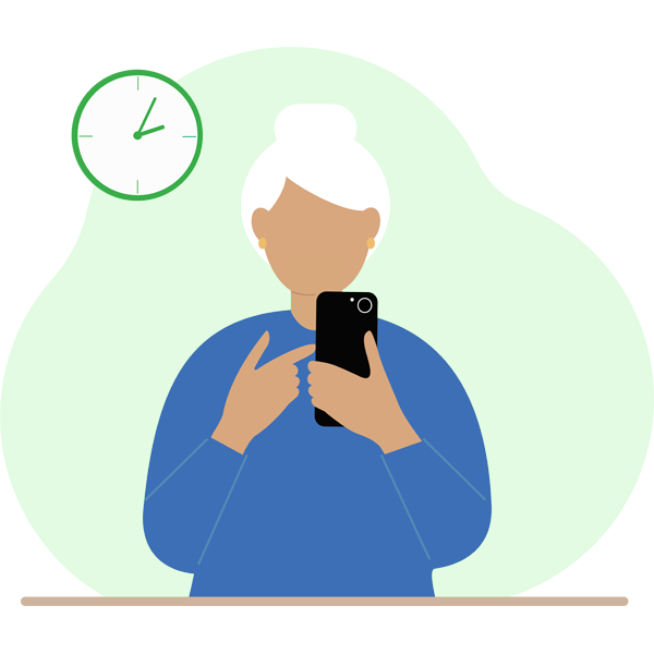 Elderly cartoon woman is pointing to her phone. She is sitting behind a desk and has a clock behind her head.
